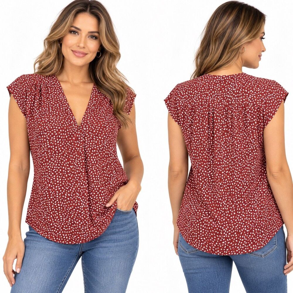 fun2fun Blouse Womens M Burgundy/White Abstract V-Neck Cap Sleeve Pleated